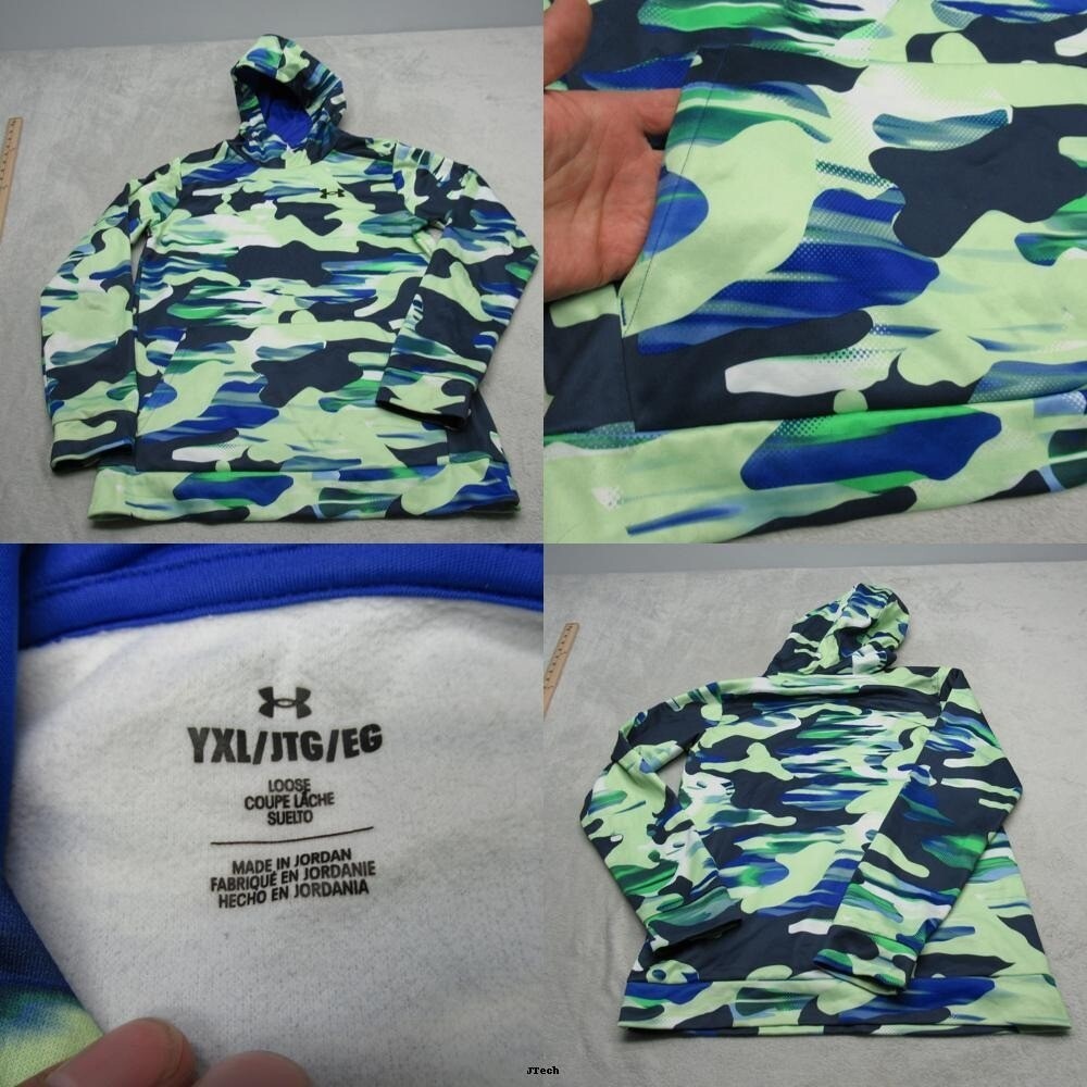 Under Armour Printed Hoodie Youth XL Blue Lime Camo Pullover Fleece Sweatshirt